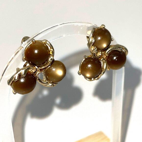 Vintage Jewelry Gold Toned tigers eye Brown Stone Clip On Earrings Cluster B#18 - Picture 3 of 13